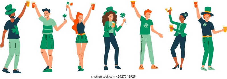 Gruppe von Menschen, die den St. Patrick's Day feiern. Vektor-Illustration von Charakteren mit grünen Outfits und Shamrock Zubehör. St. Patrick's Day Feier Konzept für Design und Druck. Flacher Stil.