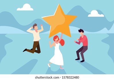 group of people celebrating with stars, business team success vector illustration design