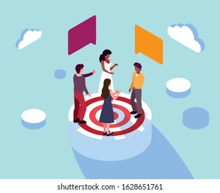 group of people celebrating and target shooting vector illustration design