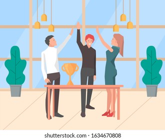 Group of people celebrating victory and giving a high five for great work.Good job, successful team,new achievement golden cup or reward, trophy vector