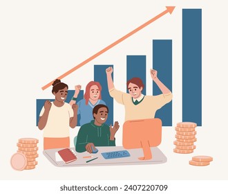 Group of people celebrating victory, success. Shares growth. Investment profit. Economists shareholders happy with growth. Financial report positive. Vector