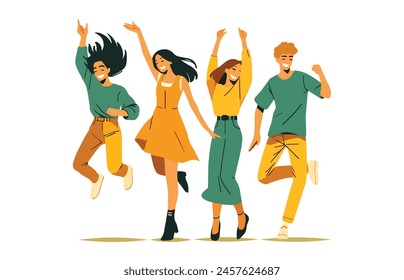 Group of people celebrating a victory with their hands raised, isolated on a white background. Concept of success and achievement.