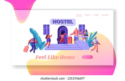 Group of People Character Arrive to Hostel Apartment Landing Page. Budget Traveling Accommodation Concept Website or Web Page. Rent Hotel for Holiday Flat Cartoon Vector Illustration