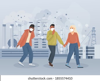Group people character choking on dust wearing protective face masks gas walking along dusty polluted street. Pollution environmental of smoking pipes factories, industry smoke smog cartoon vector