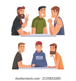 Group of People Character Sitting at Desk Recording Podcast Vector Set