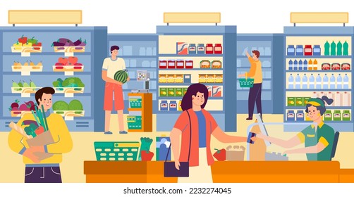 Grupo de personajes compran juntos productos alimenticios en supermercado, supermercado local con productos alimenticios, ilustración vectorial plana.