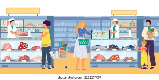 Group of people character together buy meat product in butcher store, local supermarket with organic mince fish flat vector illustration.