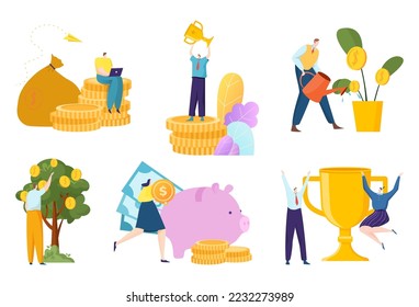 Group of people character together financial investment, success rich investor composition flat vector illustration, isolated on white.