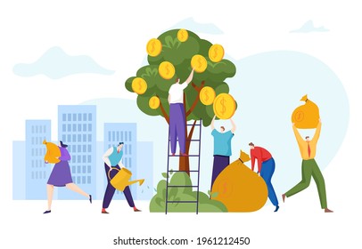 Group people character together stock financial, investor stand ladder gold coin tree, share market flat vector illustration, isolated on white.