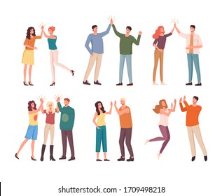 Group people characters give five informal meeting set. Vector flat cartoon graphic design illustration