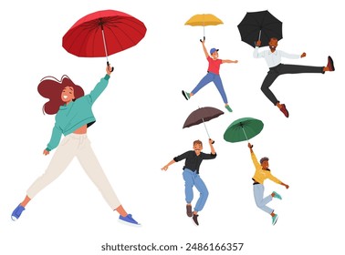 Group Of People Characters Joyfully Flying With Colorful Umbrellas. Vector Image Conveys Feelings Of Freedom, Adventure, And Happiness. Concept Of Dreams, Imagination, And Unity. Cartoon Illustration