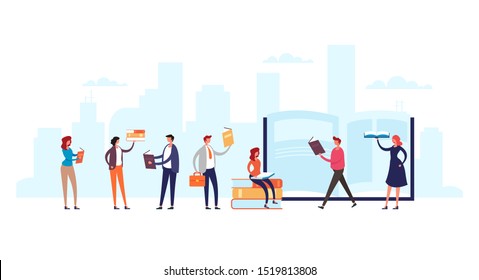 Group of people characters reading. Global education concept. Vector flat cartoon graphic design illustration