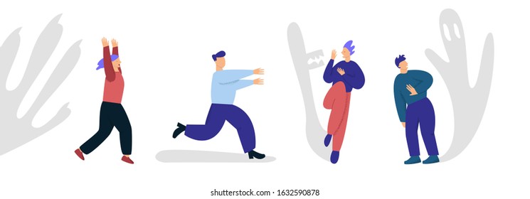 Group of people characters are running in fear. Caricature people run in fear in outdoors.