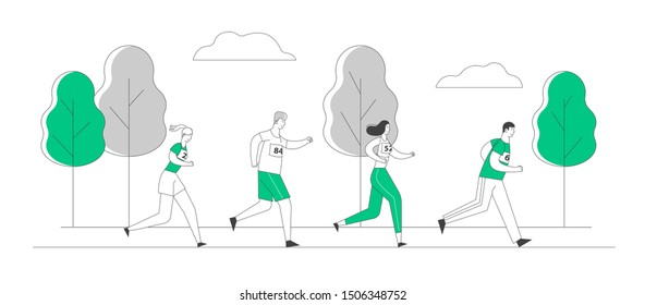 Group Of People Characters Running Marathon Distance In Raw. Sport Jogging Competition. Athlete Sprinter Sportsmen And Sportswomen Run Marathon Sprint Race. Cartoon Flat Vector Illustration, Line Art