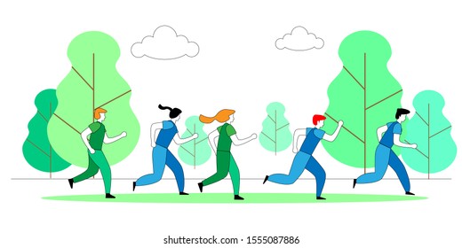 Group of People Characters Running Marathon Distance in Raw. Sport Jogging Competition. Cartoon Flat Vector Illustration,