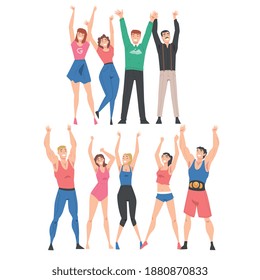 Group of People Characters Standing Together with Raising Hands Vector Illustration Set