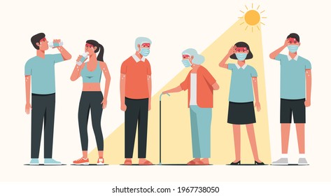 Group of people characters standing together in sunny weather in summer and having heatstroke symptoms, flat vector illustration