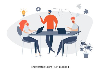 Group of people characters are thinking over an idea online news, social networks, virtual communication, company news, site construction. Businessmen discuss social. Prepare a project start up