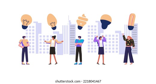 Group of people characters are thinking over an idea flat