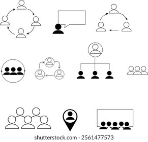 group people chat communication icons symbol sign vector design black white color simple modern illustration set, meeting icons Minimal Teamwork in business management icon