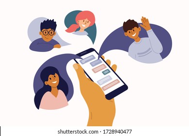 Group of people chatting online. Mobile app messenger. Cellphone screen with friends talking by internet. Using smartphone for virtual meeting with boy, girl, colleague, relatives. Vector illustration