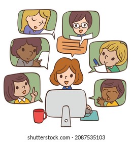 Gruppe von Leuten, die Videochatting-Onlinekommunikationsarbeiten aus der heimischen Vektorgrafik