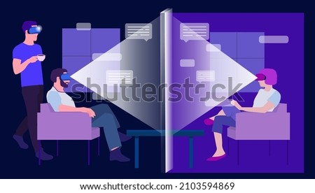 Group of people chatting in VR headset and exploring video chat in virtual reality. Modern flat vector illustration.