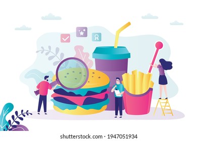 Group Of People Check Fastfood For Quality. Food Inspectors Doing Quality Control Of Unhealthy Meal. Male Character With Magnifying Glass Checks Burger. Food Control Concept. Flat Vector Illustration