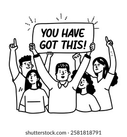 A group of people cheering and holding a sign that says you have got this, glyph sticker 