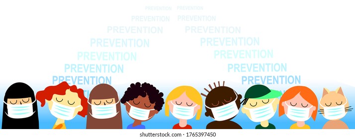 Group of people or children wearing surgical masks and standing together. Prevention and safety procedures concept. Virus and disease prevention. Watch out. Vector