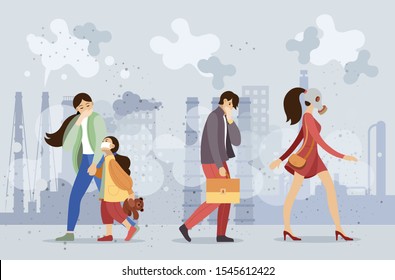 Group people choking on dust wearing protective face masks gas walking along dusty polluted street on the background of smoking pipes of factories, industry smoke, smog. Pollution environmental vector