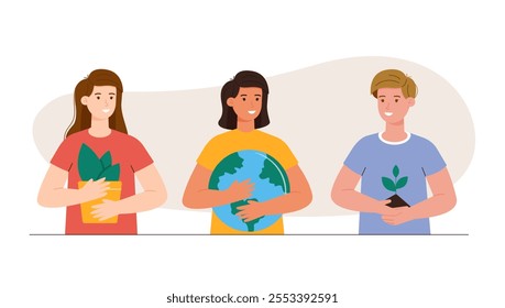 Group of people chooses an ecological lifestyle. People want
take care of the environment. Concept of environmental awareness. Vector illustration
