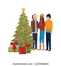 group of people with christmas tree and gifts