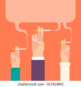 Group of people with cigarettes with a big cloud of smoke. Isolated vector illustration flat design. Template for your text.