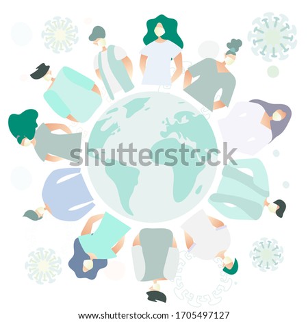 Group of people in circle around the globe. Characters wearing white medical face masks. Global Coronavirus epidemic illustration. Flat vector. 
