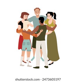 Un grupo de personas en círculo. Hombres y mujeres felices se abrazan mutuamente. Diversa comunidad. El concepto de Asistencia y unidad de las personas. Ilustración vectorial aislada sobre fondo blanco.