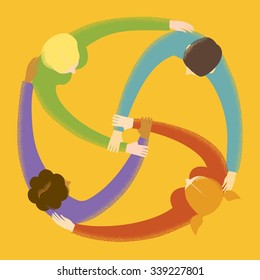 Group of  people in circle holding their hands and showing collaboration and friendship. Textured cartoon illustration about  unity, friendship, team work & team spirit.