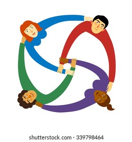 Group of  people in circle holding their hands and showing collaboration and friendship. Cartoon illustration about  unity, friendship, team work & team spirit.