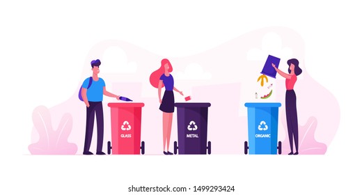 Group of People City Dwellers Throw Garbage to Recycle Litter Bins for Glass, Metal and Organic Waste. Environmental Protection Concept. Sort Recycle and Segregation. Cartoon Flat Vector Illustration