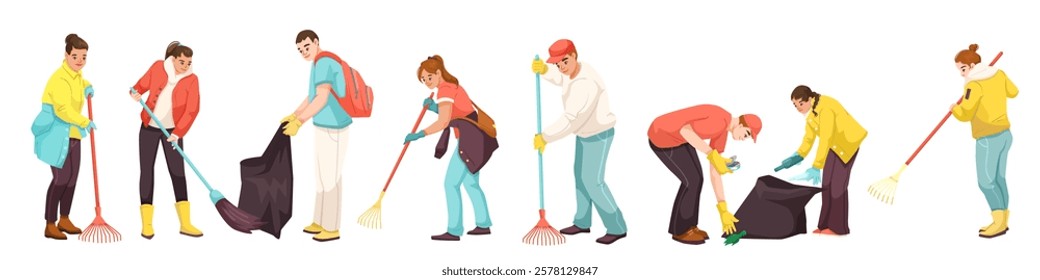 Group of people cleaning and collecting garbage outdoors. Vector illustration