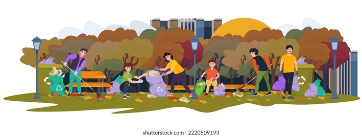 Group of people cleaning up park from old leaves and waste, plastic, rubbish. Earth day. Environment protection, ecosystem concept. Clean-up of the territory. Man raking leaves. Collecting garbage