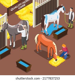 Group of people cleaning and taking care of horses isometric 3d vector illustration concept for banner, website, illustration, landing page, flyer, etc.