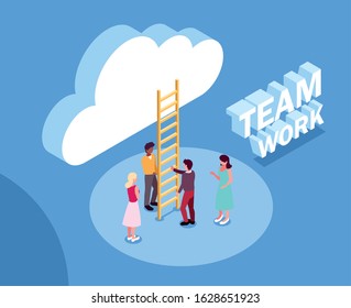 group of people with cloud and stairs , teamwork vector illustration design