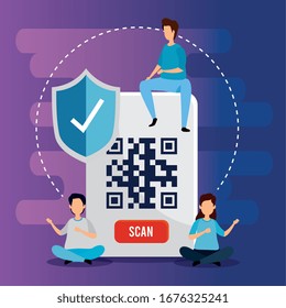 group people with code qr and icons vector illustration design