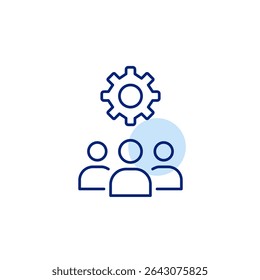 Group of people and cogwheel. Team management, group settings, collaborative workflow, organizational control, user group configuration. Pixel perfect, editable stroke vector icon