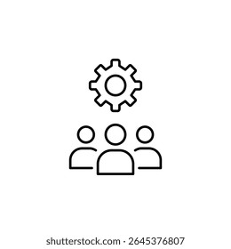Group of people and cogwheel. Team management, group settings, collaborative workflow, organizational control, user group configuration. Pixel perfect, editable stroke vector icon
