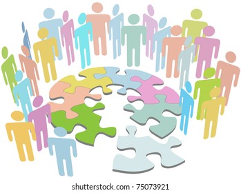 Group of people collaborate to find a solution solve a puzzle problem symbol