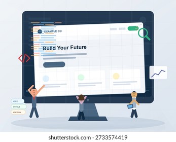 A group of people collaborates around a large computer screen displaying coding and design elements. They focus on building a website that highlights future opportunities and growth.