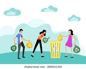 Group of people collaborating for environmental protection and recycling in a field sorting garbage for recycling.  Eco vector illustration. Isolated on white and blue background.