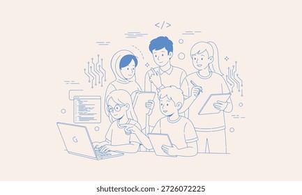A group of people collaborating on a project using laptops and tablets in a modern office environment from a slightly elevated viewpoint